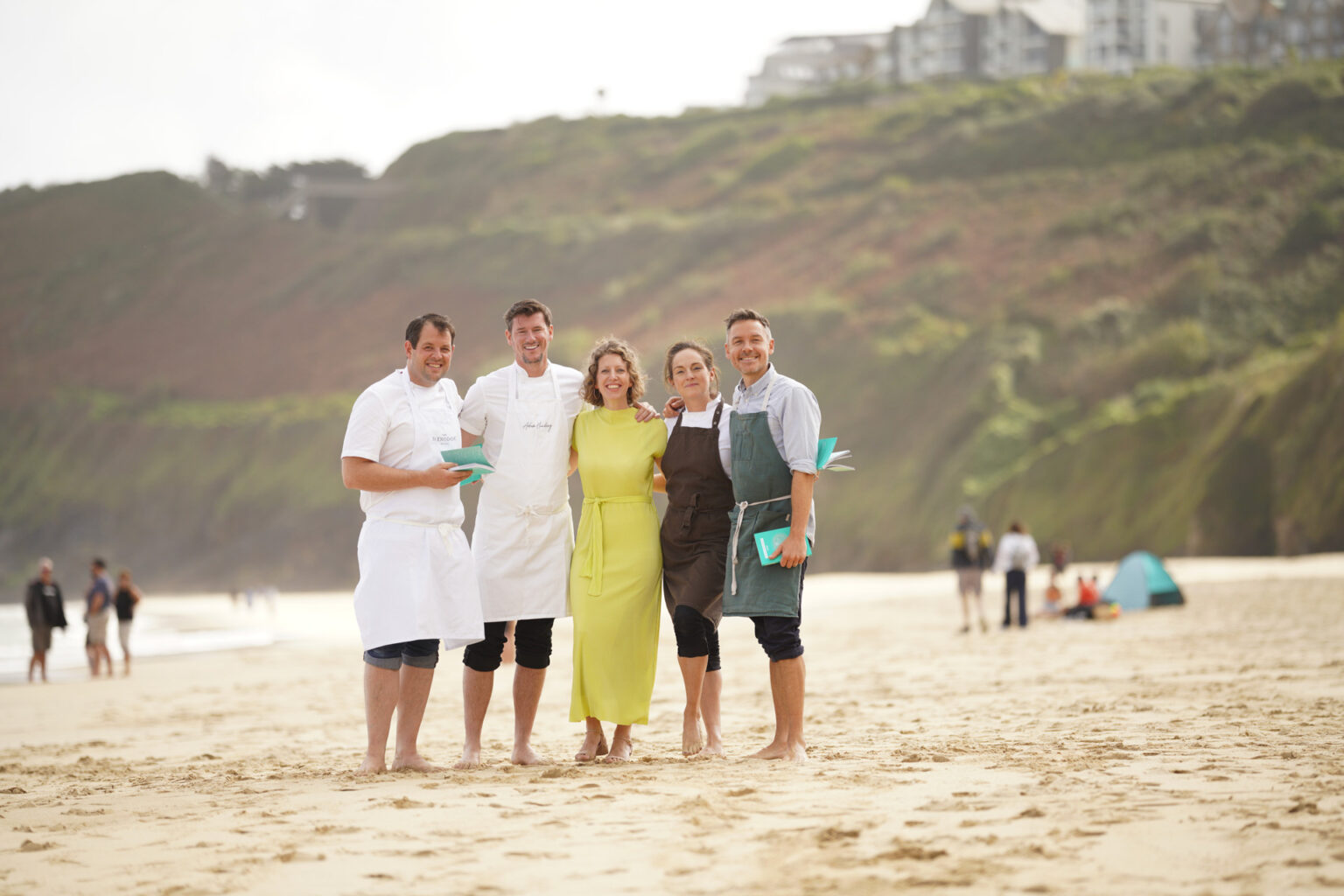 Guy Owen, Adam Handling, Harriet Mansell and Mike Smith with Trencherman's Guide editor Abi Manning on Portminster beach